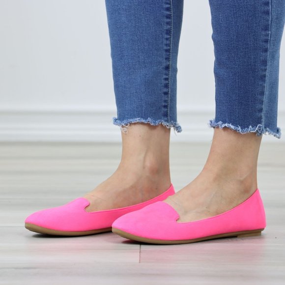 Neon Pink Faux Suede Rounded Toe Slip On Flat Shoes - Picture 12 of 12